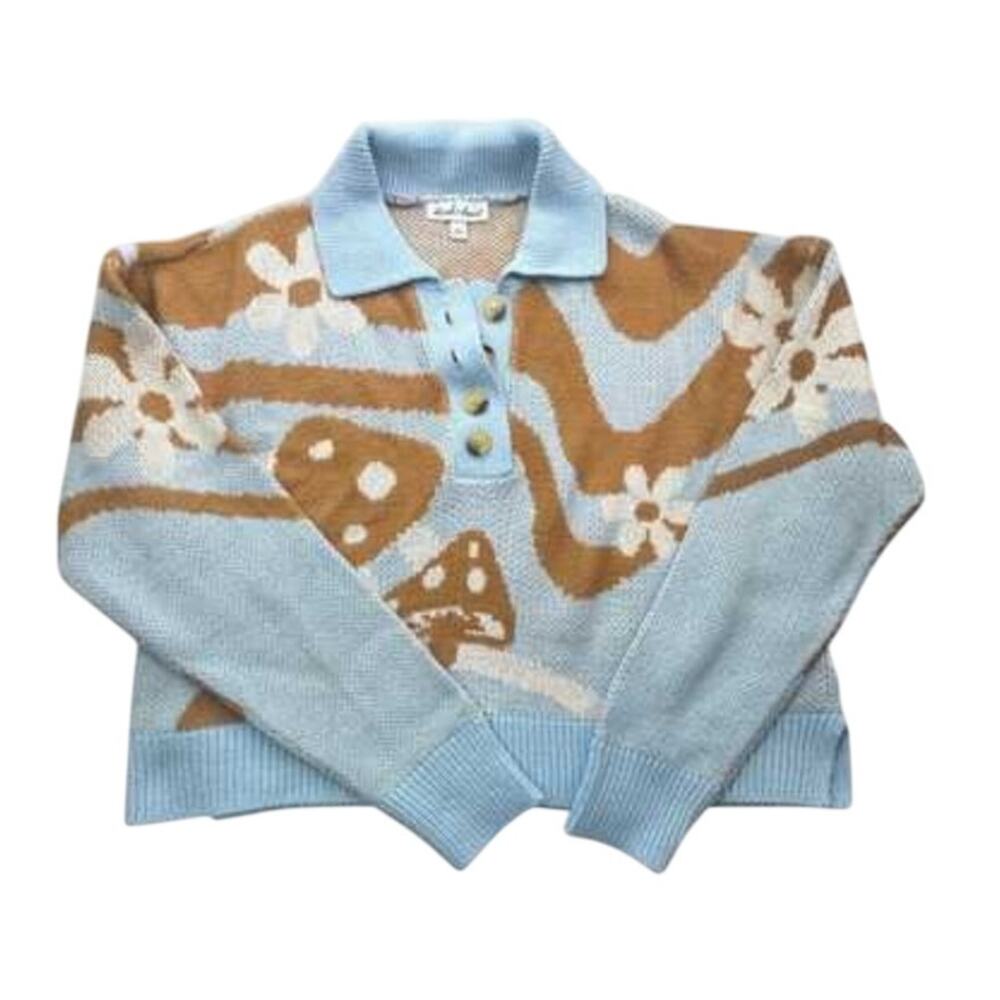 Derek Heart Mushroom Daisy Knit Talk Cropped Polo Sweater Size S